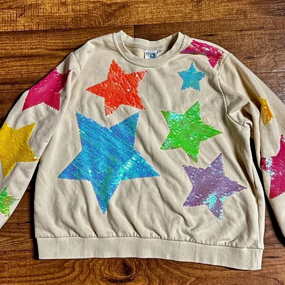 Queen Of Sparkle ~ Medium ~ White W/ Multi-Colors Star Sequins Sweater (Read) - Picture 2 of 12